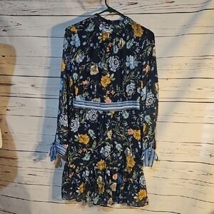 Orsay Floral Print Sleeve Mock Neck Blue Yellow Women's‎ Dress  EU 36,